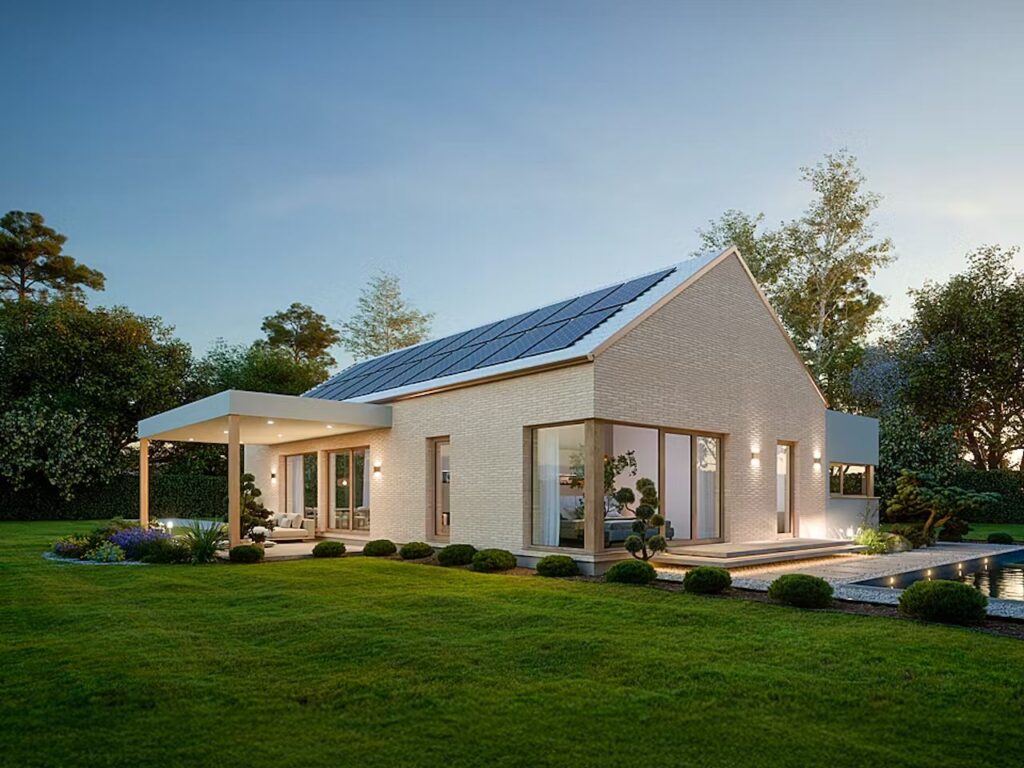 Hier sehen Sie ein beleuchtetes Einfamilienhaus in der Dämmerung mit Satteldach, umgeben von einem grünen Garten mit Bäumen und Wiese.