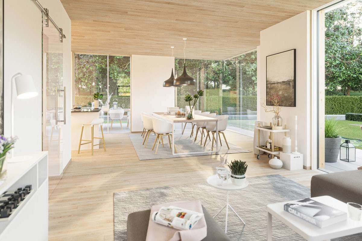 Musterhaus Linea - Ein Wohnzimmer mit Möbeln und einem Kamin - Haus