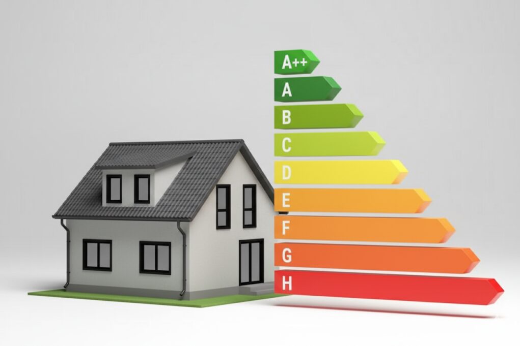 Grafik von einem Haus, daneben die Gebäude Energieeffizienzklassen durch farbige Balken dargestellt