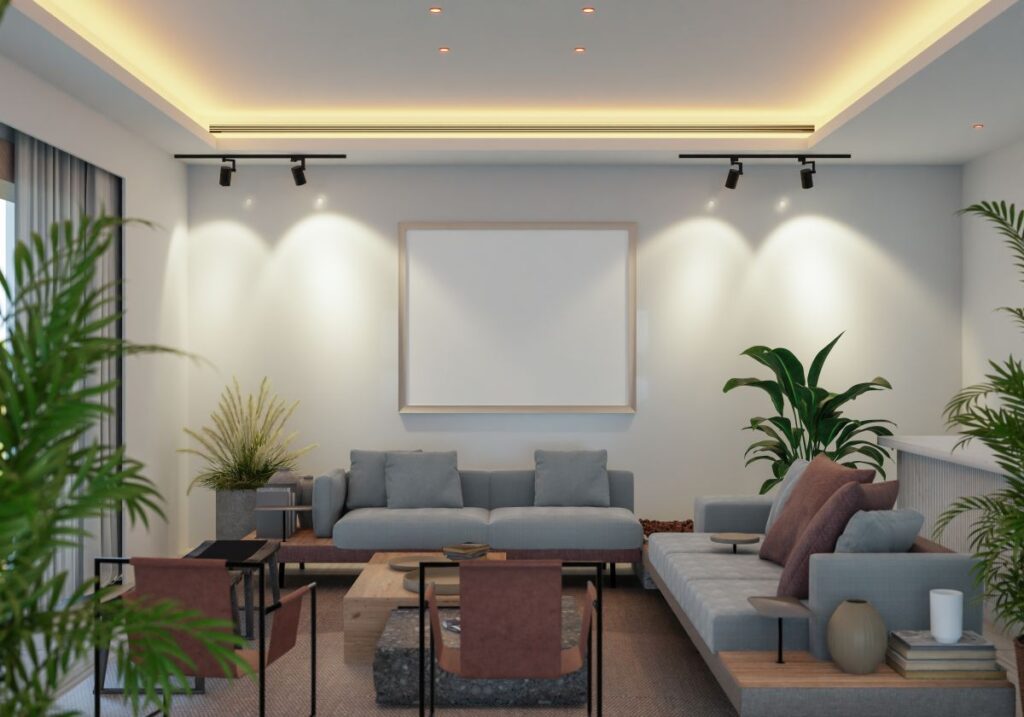 Modell-Fotorahmen an der Wand des Wohn- oder Wohnzimmers, komfortables Interieur mit luxuriösem Sofa und schönen Möbeln