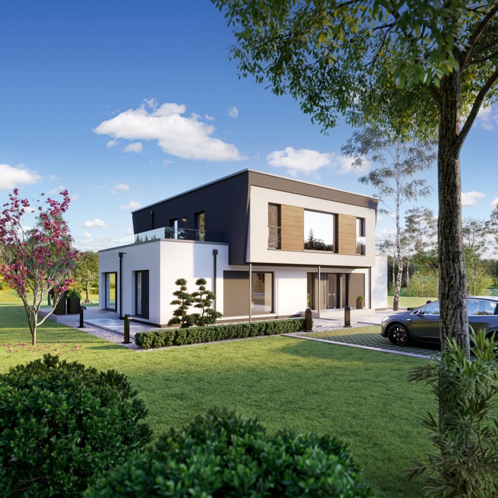 Fertighaus Frankfurt von Bien Zenker im Flachdachstil umringt von einem grünen Garten mit Wiese und Bäumen