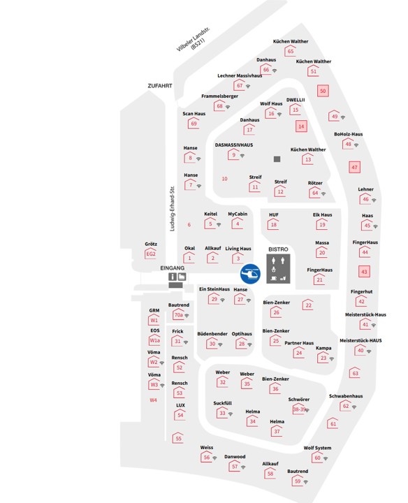 Lageplan des Musterhausparks Bad Vilbel bei Frankfurt mit all seinen Musterhäusern und weiteren Services, die der Park bietet. 