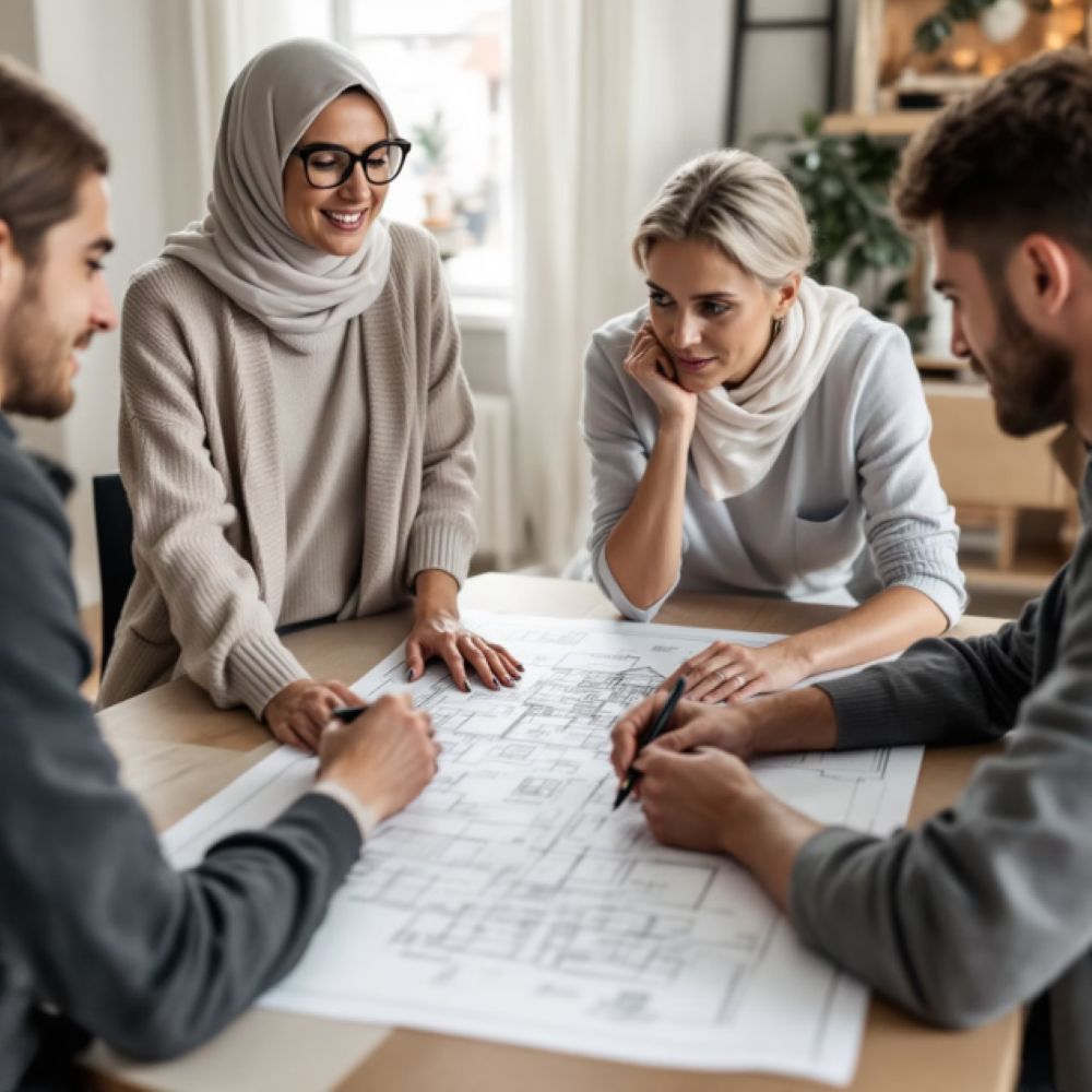 Planer und Architekten sitzen um einen Grundriss